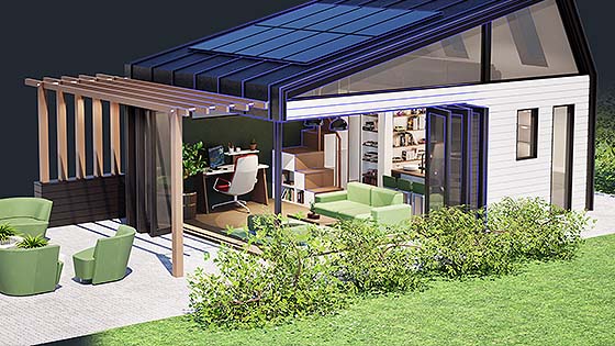 A rendering created in Autodesk AutoCAD shows the inside and outside of tiny home with chairs and green space near the patio.