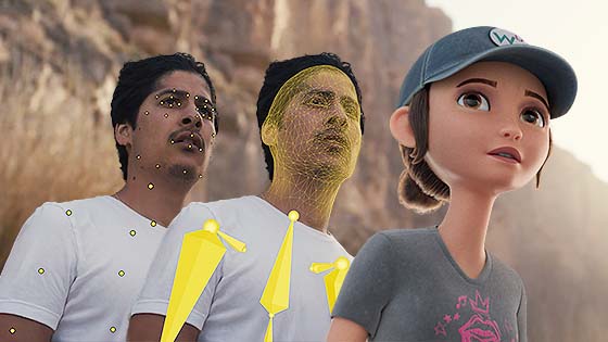 Actor in canyon style environment looking past camera with AI motion capture markers and bones highlighted, and final CG character render