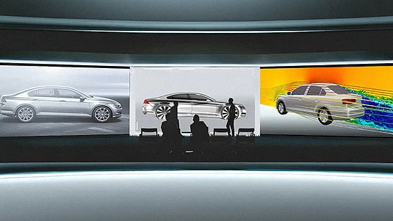 Three screens display iterations of a car using Autodesk NAVPACK AI-accelerated engineering 